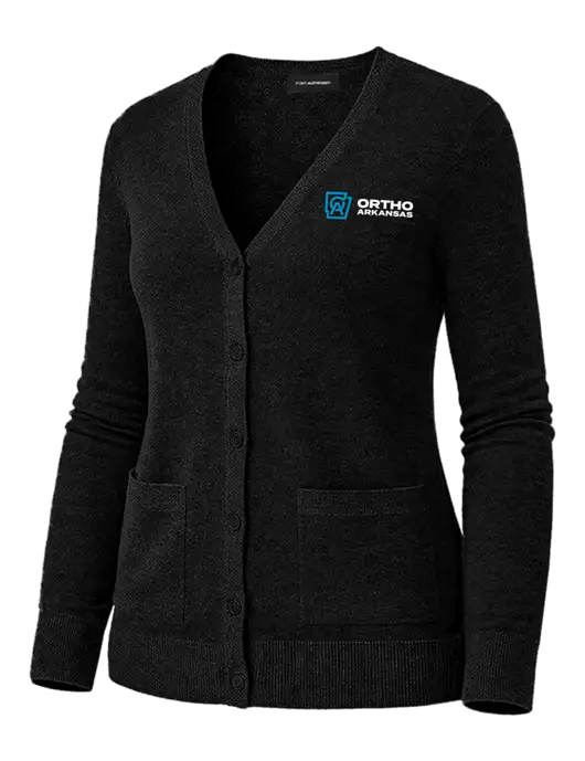 Womens Black Washable V-neck Cardigan Sweater w/Ortho Logo