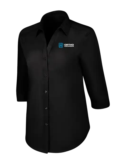 Womens Black 3/4 Sleeve Carefree Poplin Shirt w/Ortho Logo