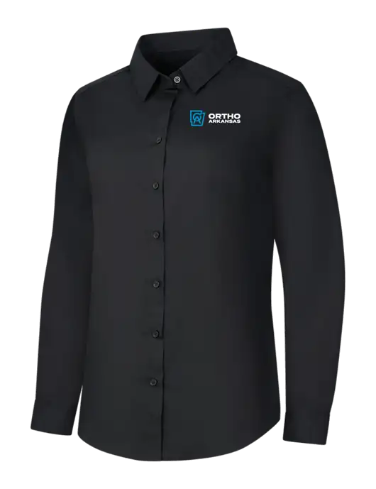 Womens Black Long Sleeve Carefree Poplin Shirt w/Ortho Logo