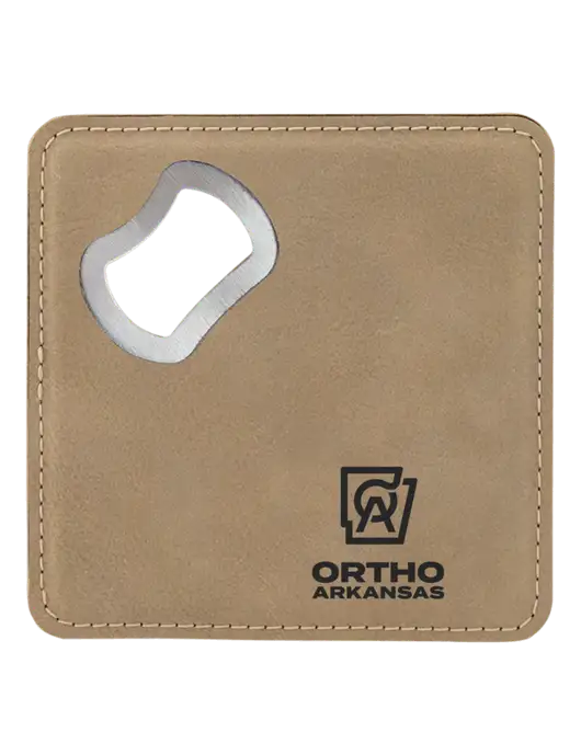 Tan Leatherette Bottle Opener Coaster w/Ortho Logo