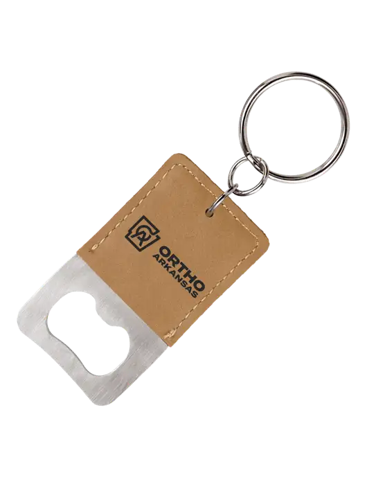 Tan Leatherette Rectangle Bottle Opener Keychain w/Ortho Logo
